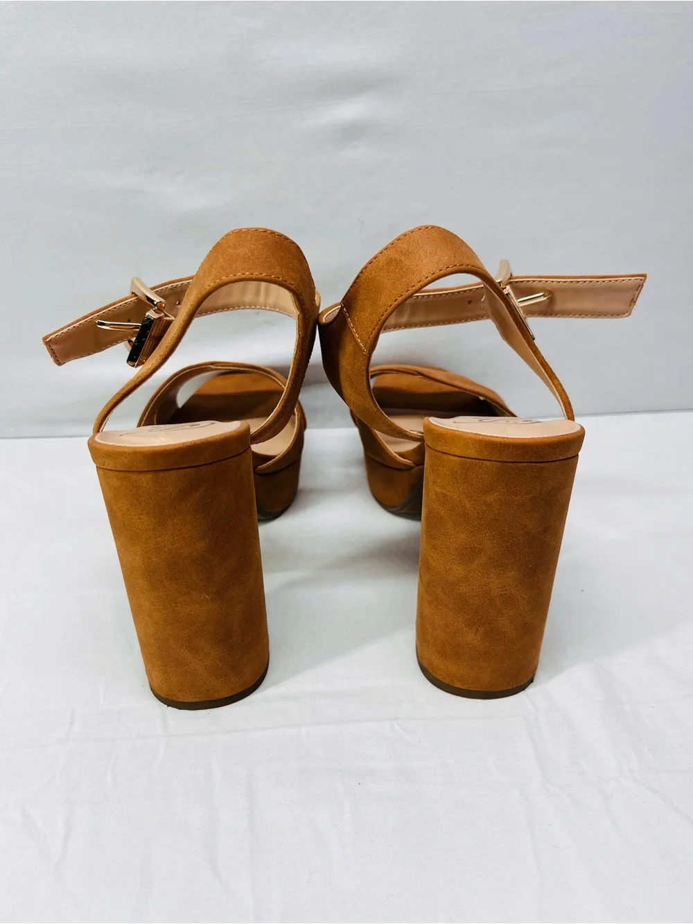 Sun + Stone Cognac Suede Platform Sandals with Ankle Buckle